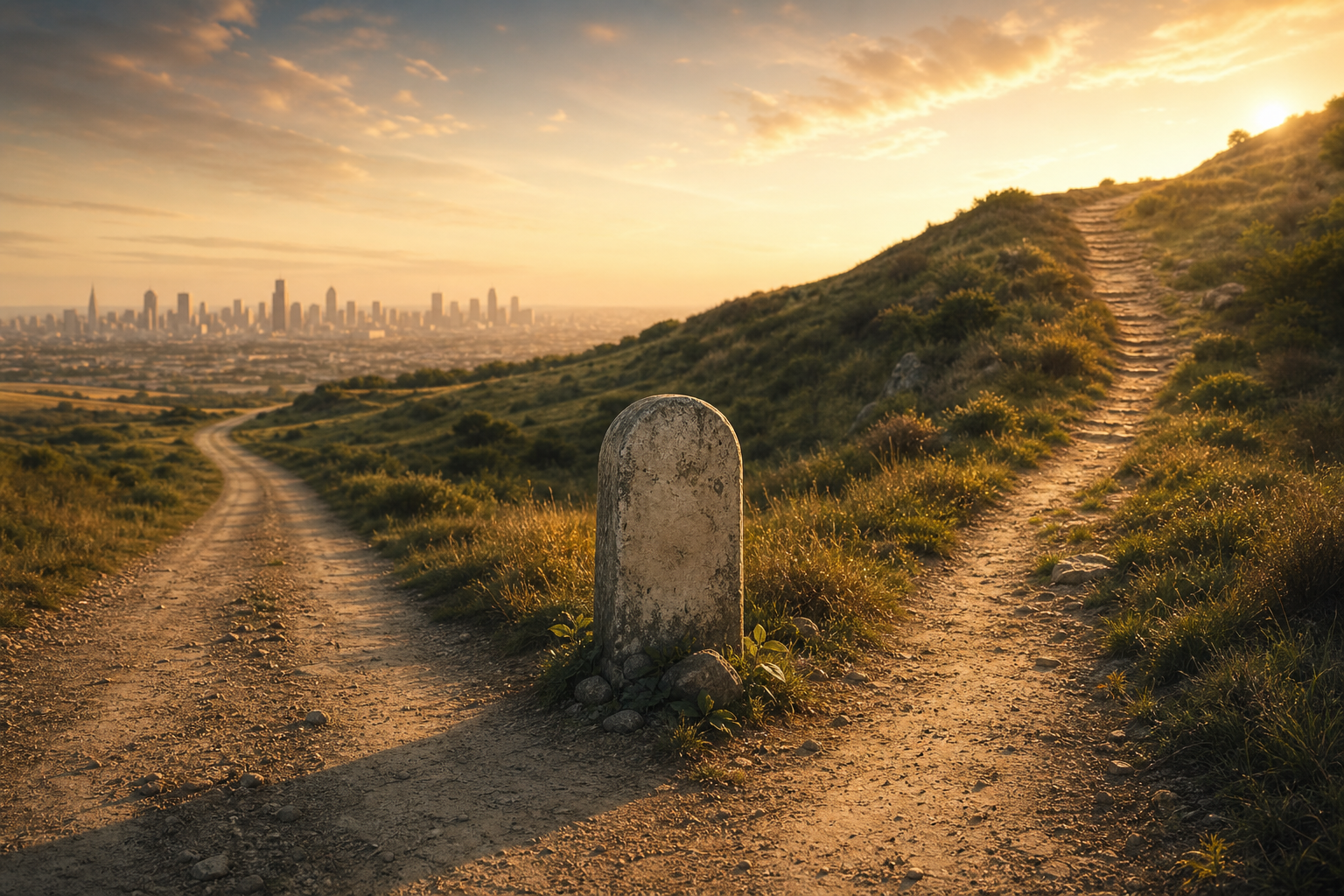Twee divergerende wegen op een kruispunt in een open landschap, als metafoor voor een bewuste carriereswitch na je veertigste