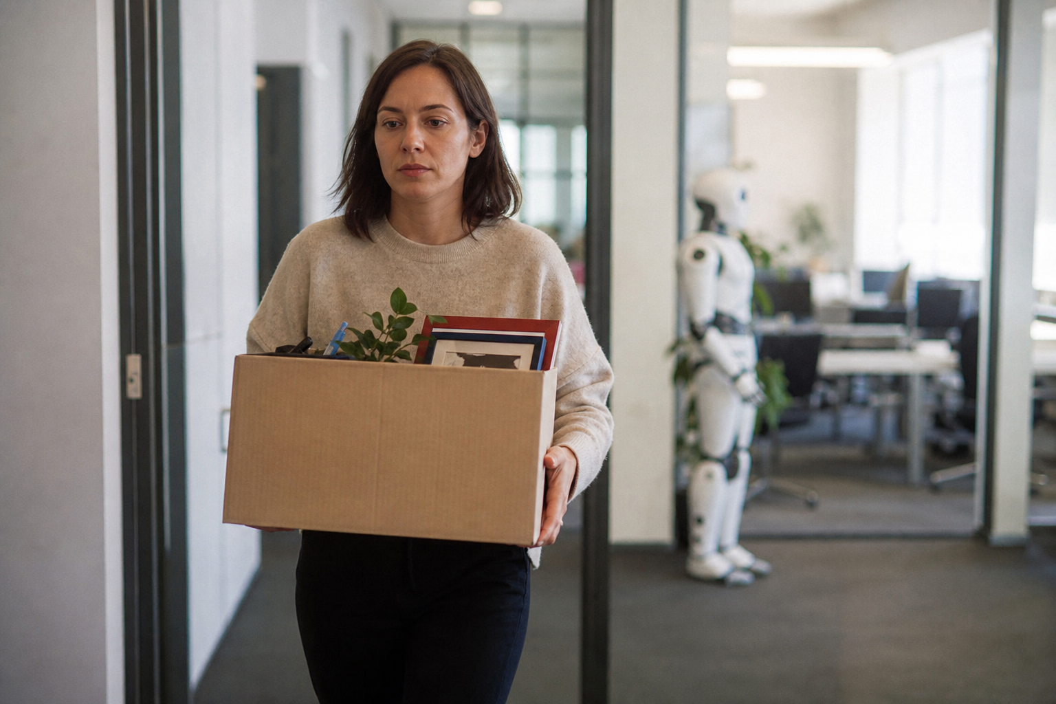 Twee beroepspaden die uiteenlopen: administratief werk dat verdwijnt door AI en een kompas dat wijst naar toekomstbestendige beroepen als technicus, zorgverlener en coach