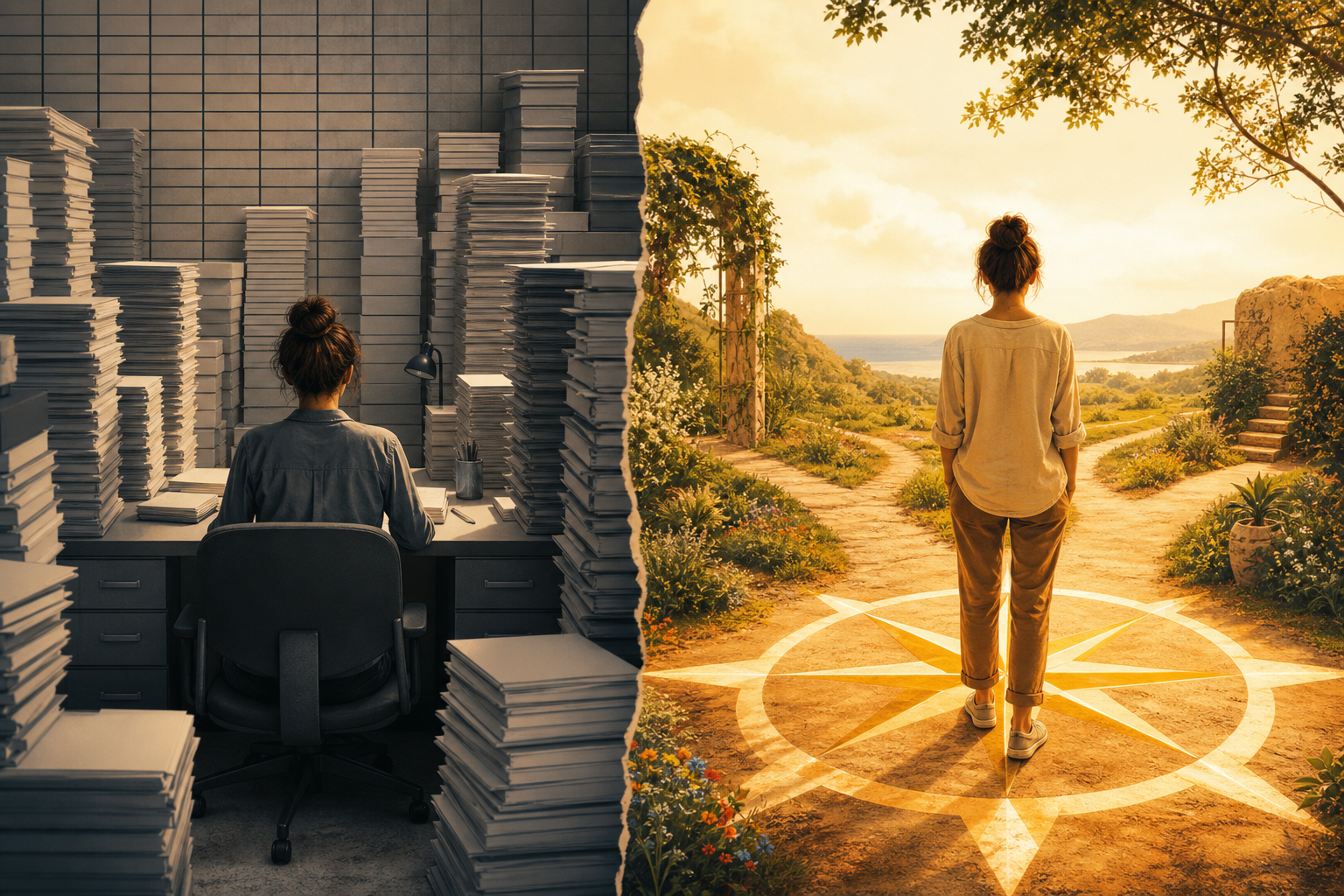 Illustratie van twee werelden naast elkaar: een grijze, rigide kantooromgeving versus een open, zonnige ruimte die persoonlijke groei en loopbaanvrijheid symboliseert